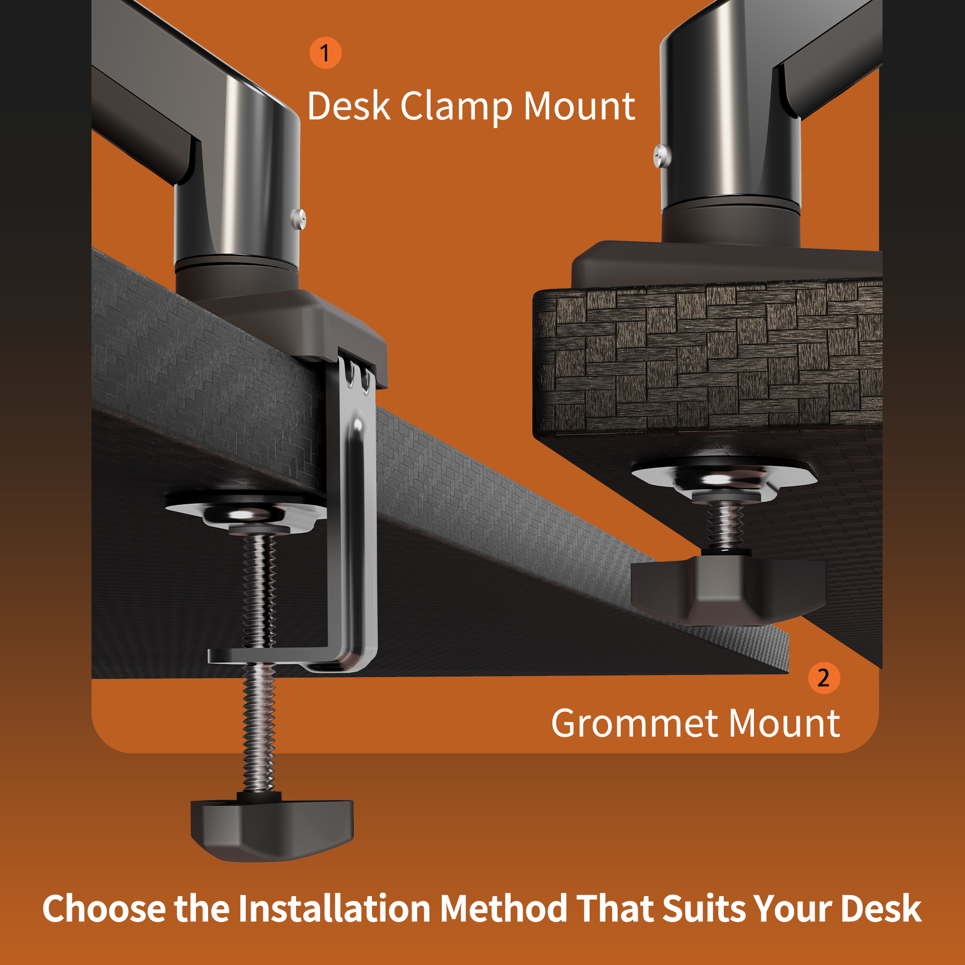 Close-up of black M1 monitor arm desk clamp mount and grommet mount installation options on wood desks against orange background