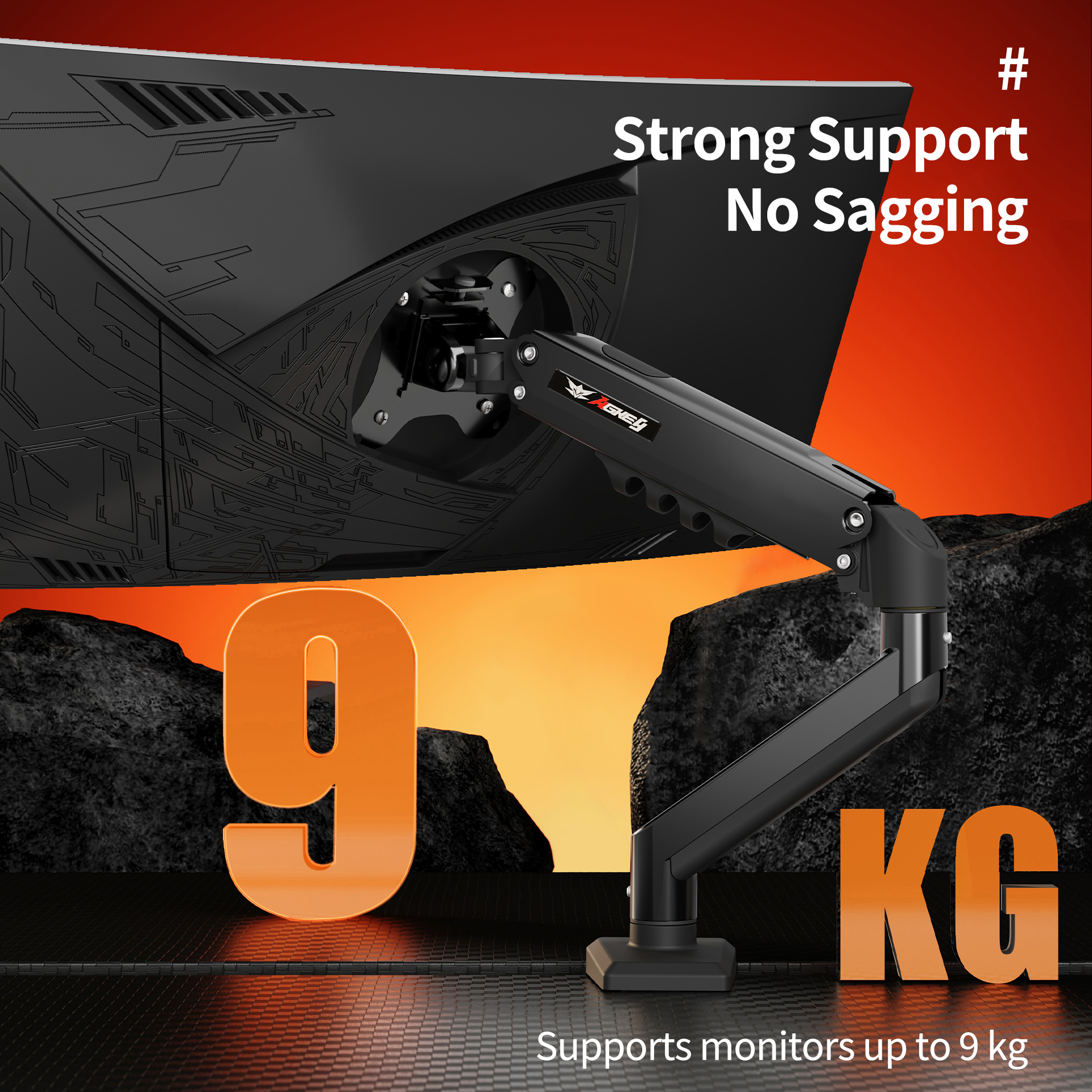 Black M1 Monitor Arm supporting a curved monitor at an angle with strong support and no sagging, holding up to 9 kg.