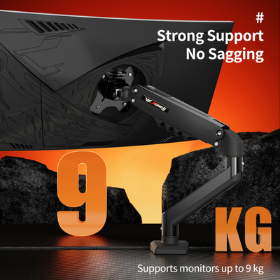 Black M1 Monitor Arm supporting a curved monitor at an angle with strong support and no sagging, holding up to 9 kg.
