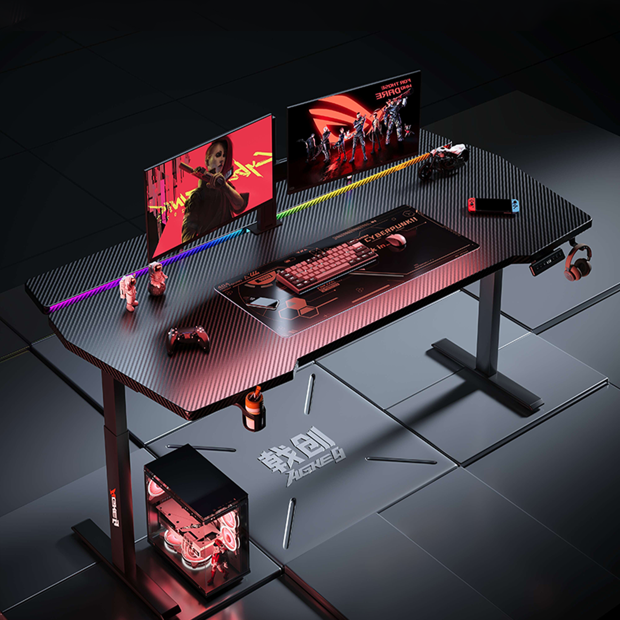 K2 Dual Motor Standing Desk in white with carbon fiber texture, dual monitors, gaming setup, and RGB lighting accents