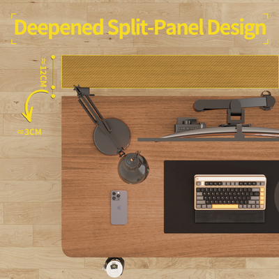Walnut S3 gaming desk with deepened split-panel design, monitor, keyboard, and lamps in a top-down view.