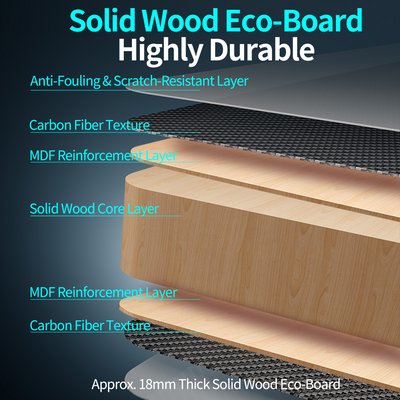 Layered structure of the solid wood eco-board showing carbon-fiber surface and reinforced core layers.