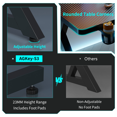 Rounded desktop corners and adjustable foot pads designed for safe and stable desk placement.