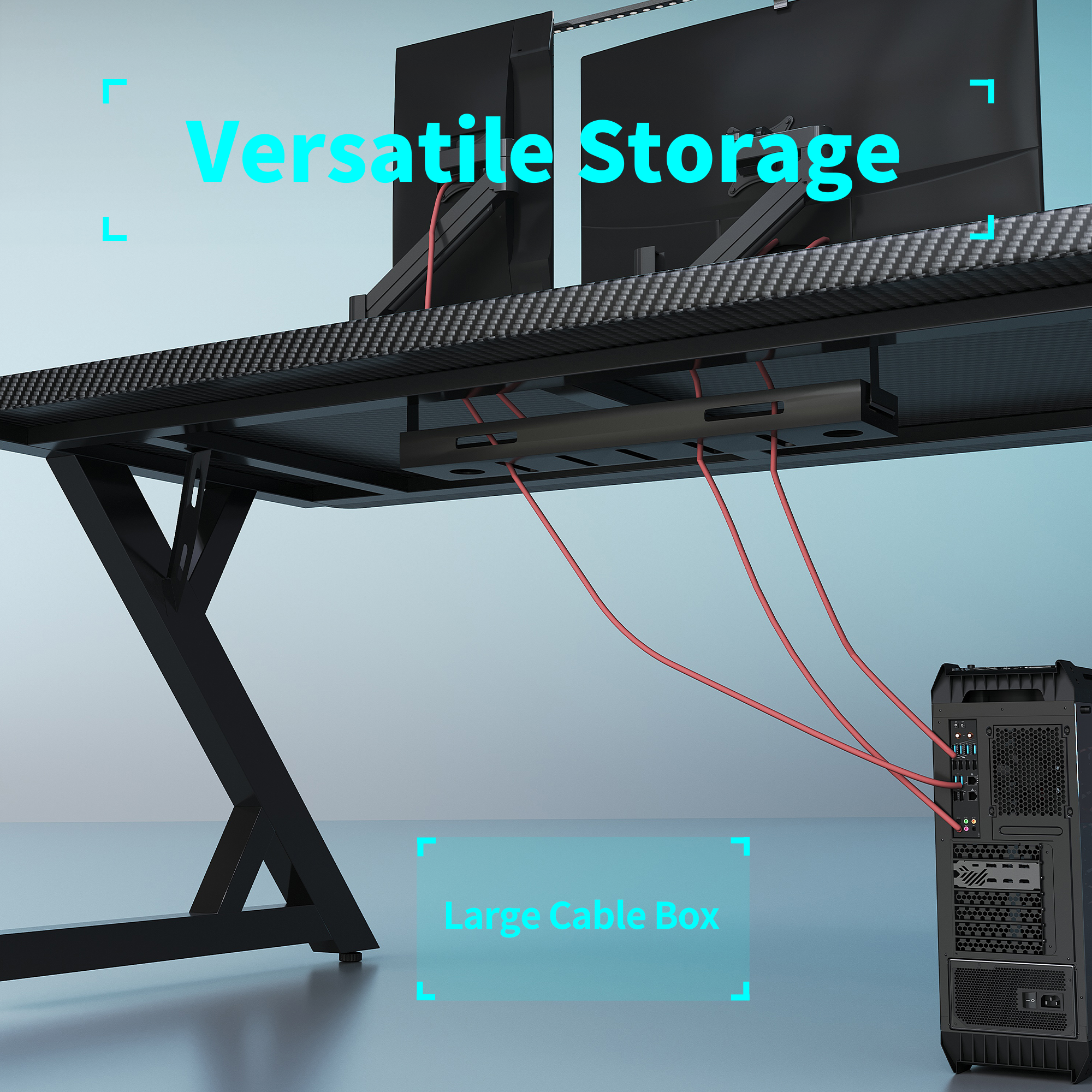 Large under-desk cable box providing concealed cable management for a clean gaming setup.