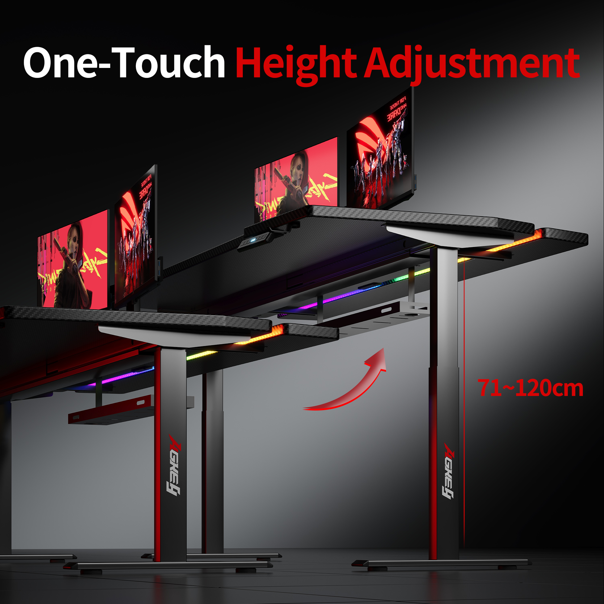 White K2 dual motor standing desk with carbon fiber surface and one-touch height adjustment from 71 to 120 cm, black base with red accents