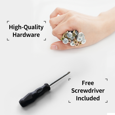 S3 Gaming Desk included hardware: Hand holding silver & gold screws, and a black screwdriver, emphasizing quality.