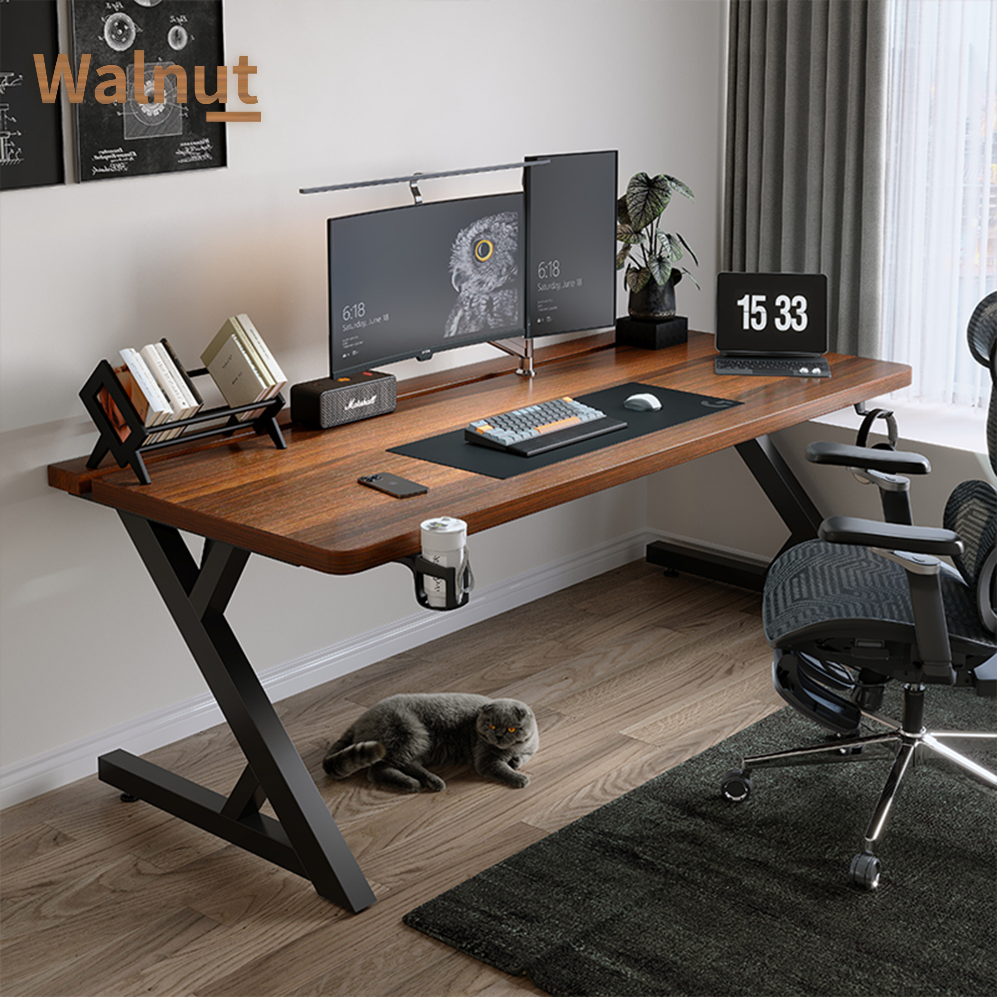 Walnut S3 gaming desk with black Z-shaped metal legs, a dark wood grain top, and modern dual monitor setup.
