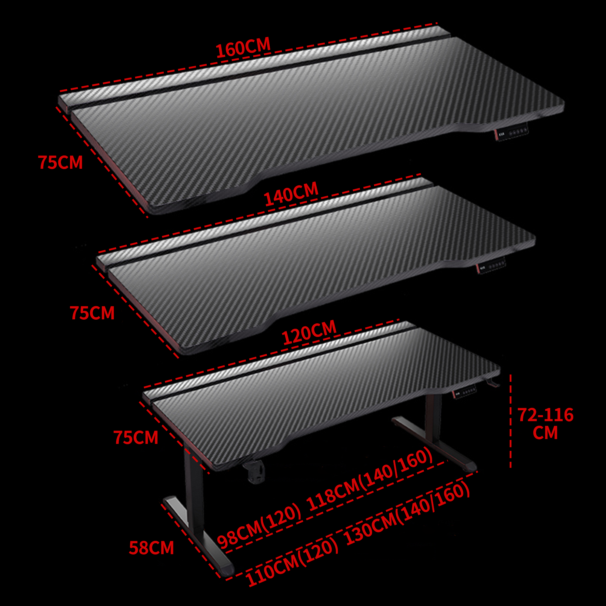 K1 Electric Standing Desk, carbon fiber top, black frame, 72-116cm height, 120/140/160cm widths.