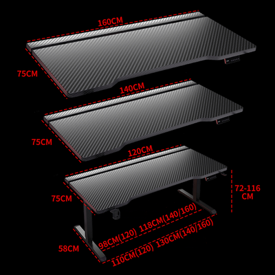 K1 Electric Standing Desk, carbon fiber top, black frame, 72-116cm height, 120/140/160cm widths.