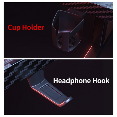 Black cup holder and headphone hook attachments for K2 Dual Motor Standing Desk in white finish, close-up view.