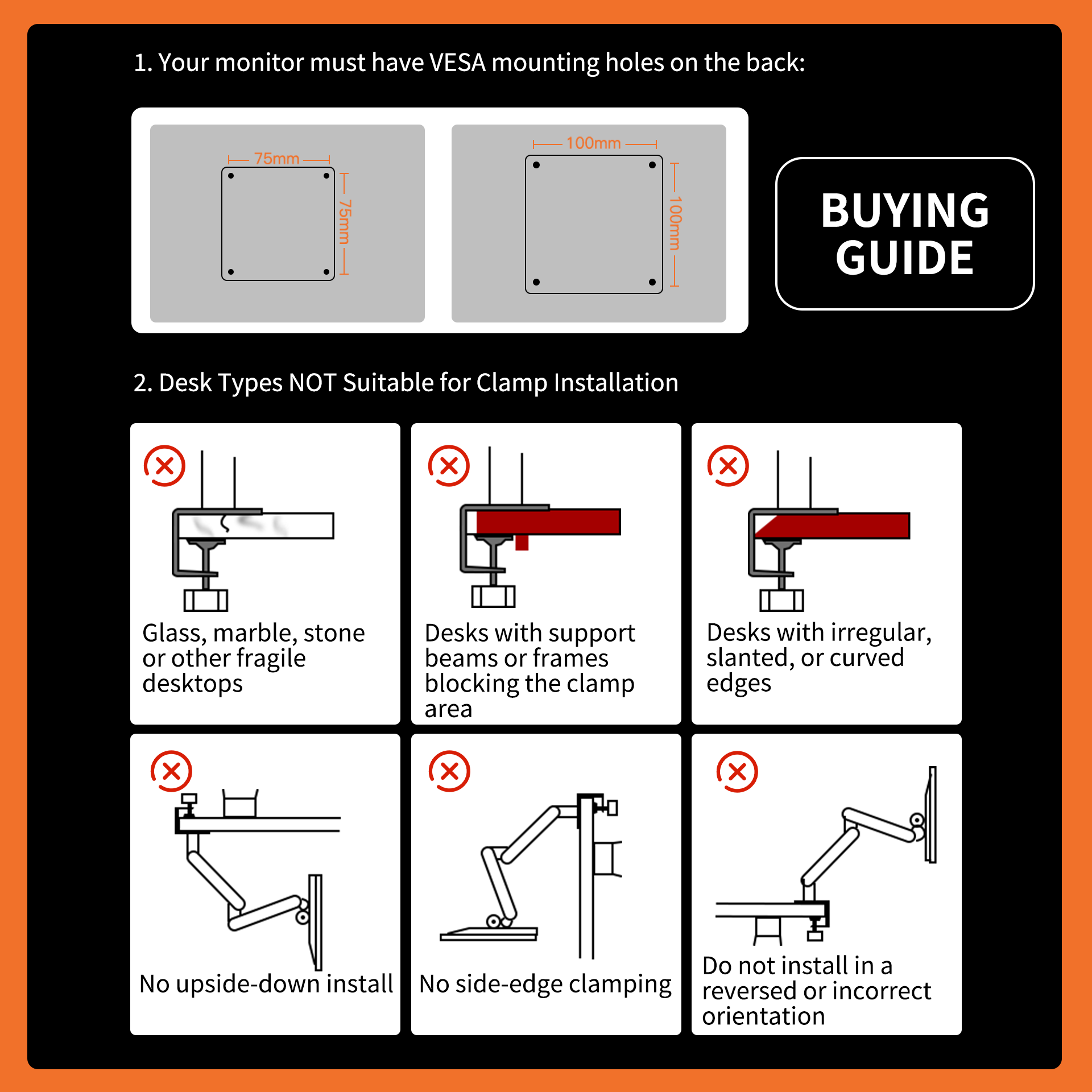 Black M1 Monitor Arm clamp installation guide with VESA mounting hole measurements and desk type restrictions.