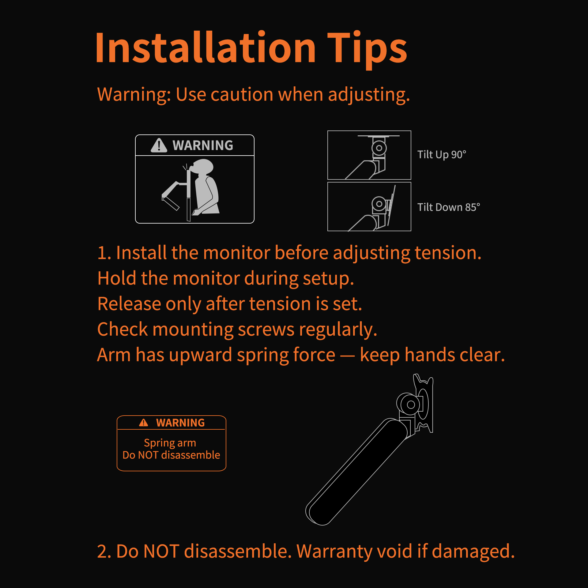 Black M1 Monitor Arm illustration with installation warnings and tilt adjustment diagrams on black background.