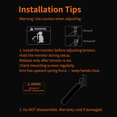 Black M1 Monitor Arm illustration with installation warnings and tilt adjustment diagrams on black background.