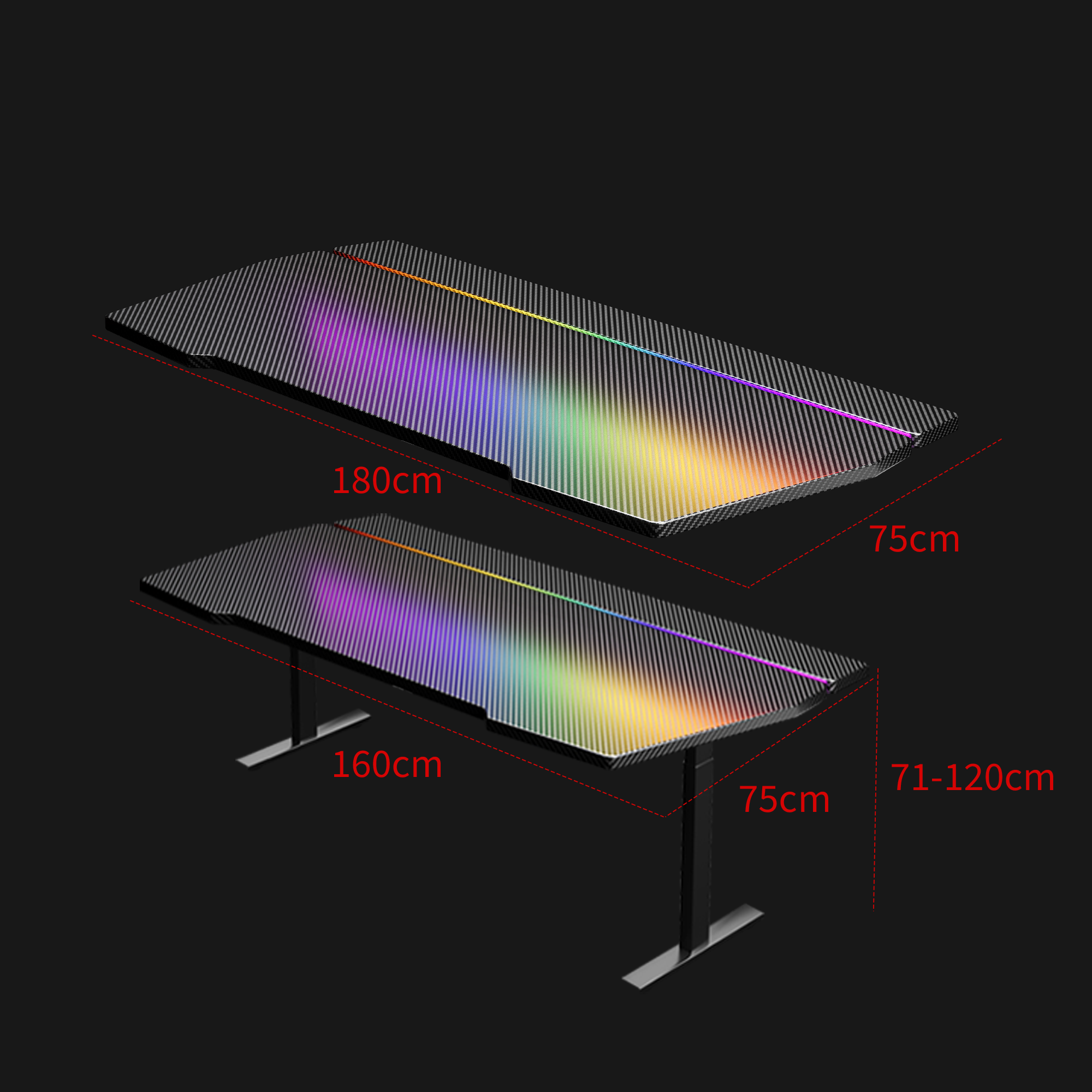 K2 Dual Motor Standing Desk white adjustable height with black frame and colorful gradient top, dimensions labeled