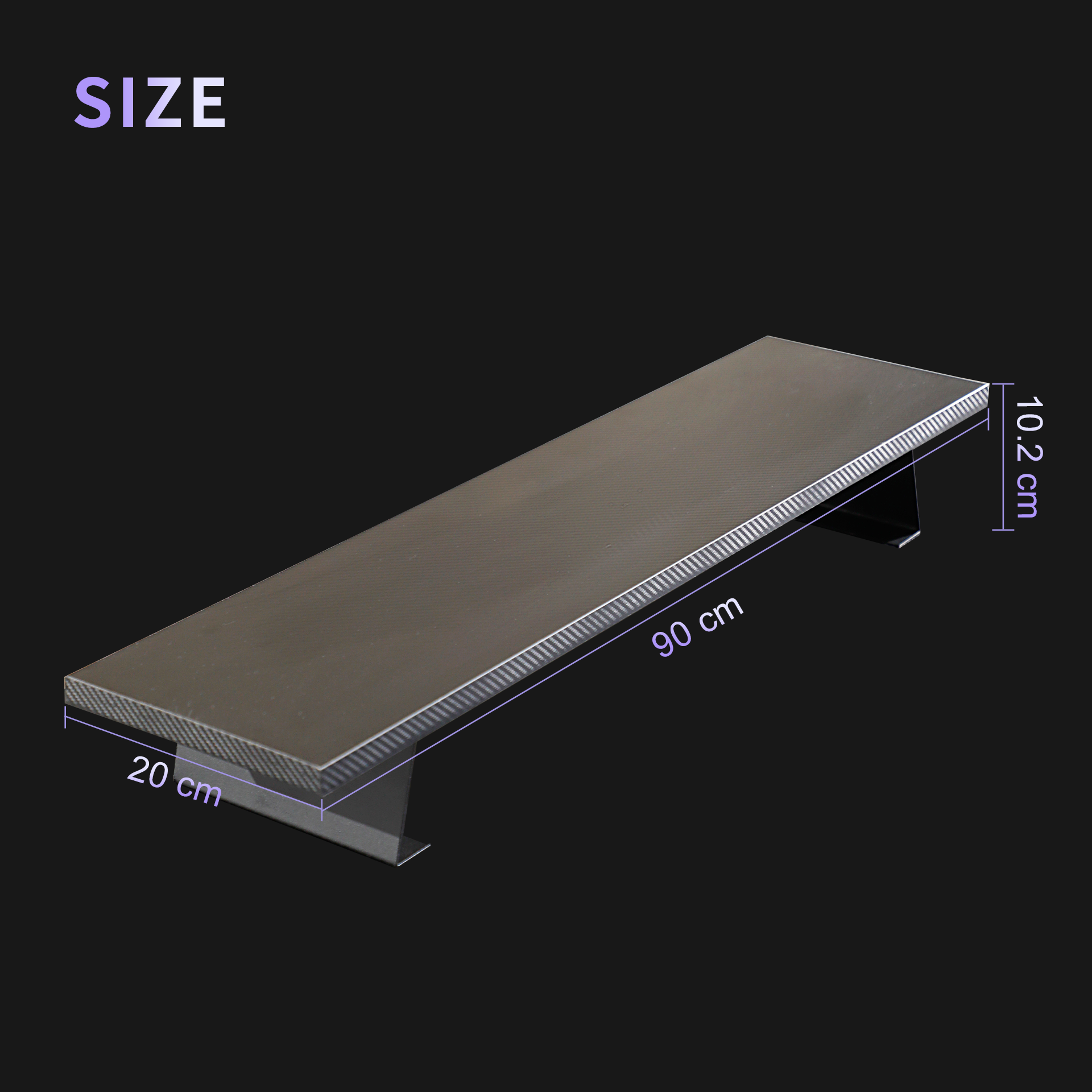 Black D1 Desk Monitor Riser with carbon fiber texture, measuring 90cm x 20cm x 10.2cm, angled side view on black background