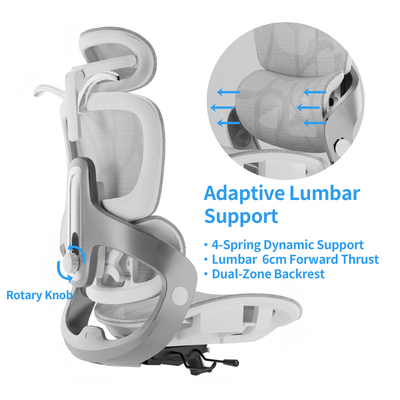 White & grey ergonomic chair with adaptive mesh lumbar support, rotary knob, and 6cm forward thrust shown.