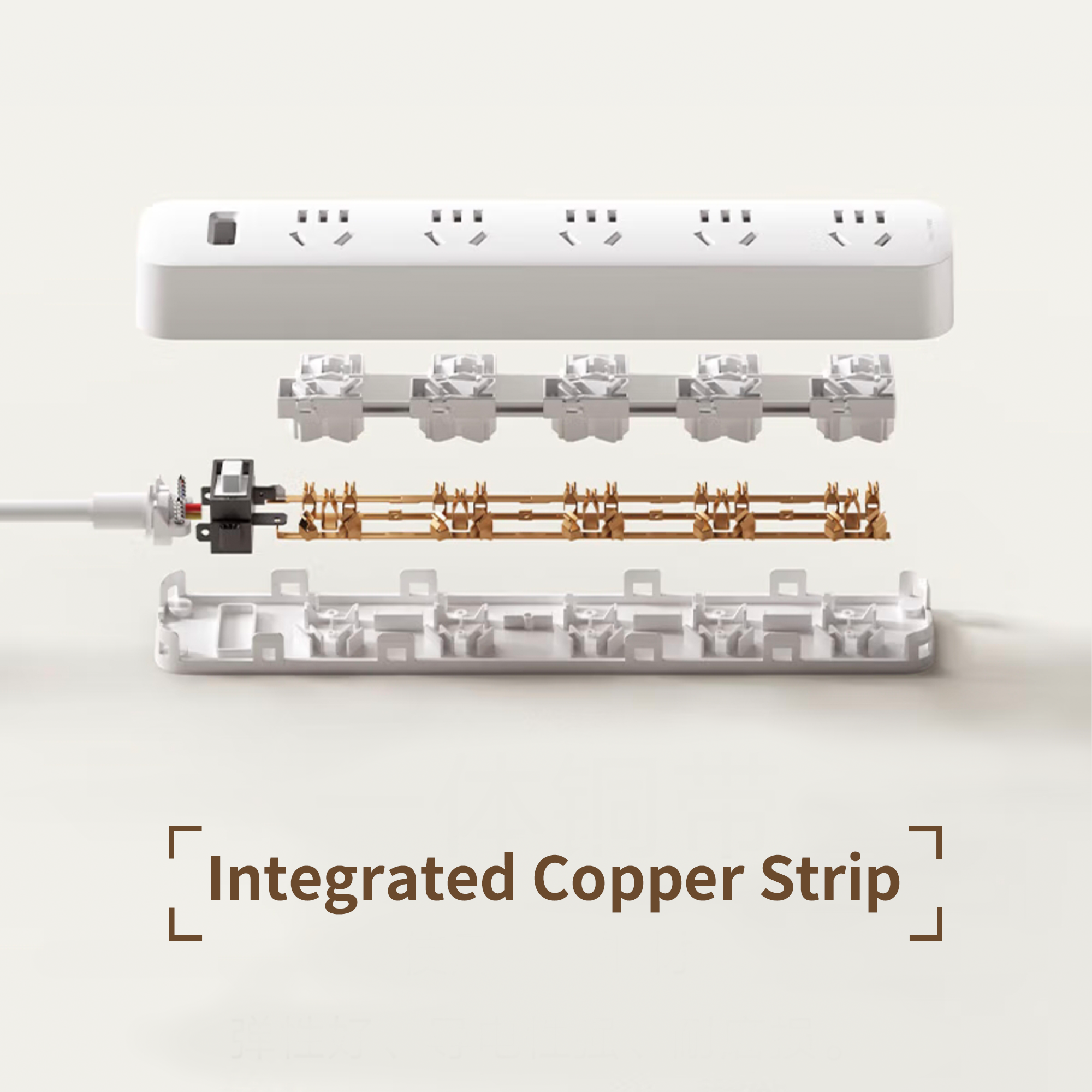 White Xiaomi Power Strip exploded view showing internal integrated copper strip, sockets, and casing.