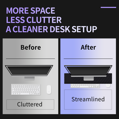 Before and after desk setup comparison showing cluttered vs streamlined workspace using the black D1 Desk Monitor Riser