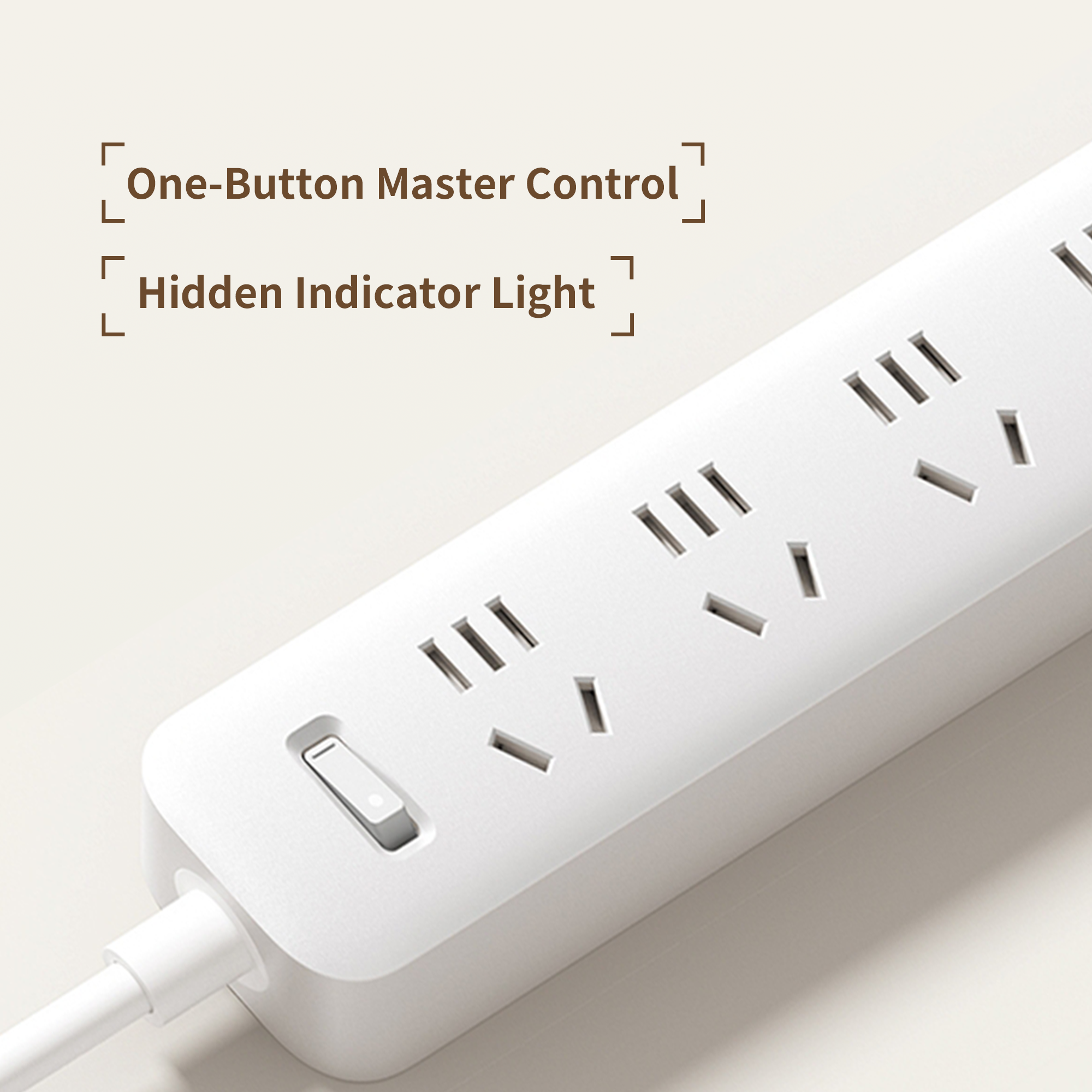 White Xiaomi power strip with multiple outlets, a master control switch, and a hidden indicator light.