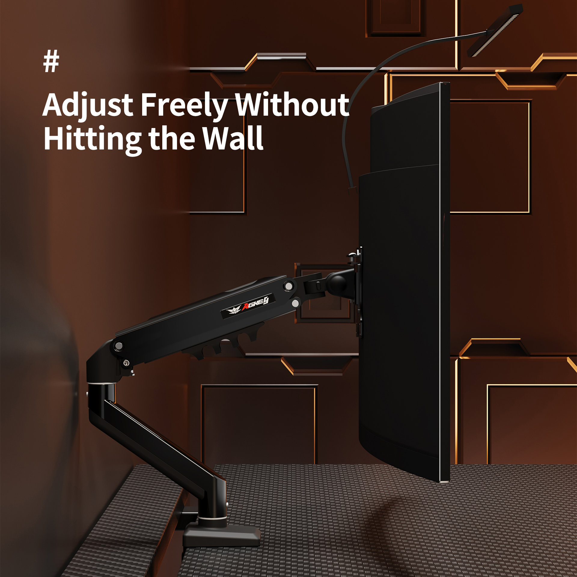 Black M1 Monitor Arm mounted on desk side, holding curved monitor with adjustable arm and cable management features.