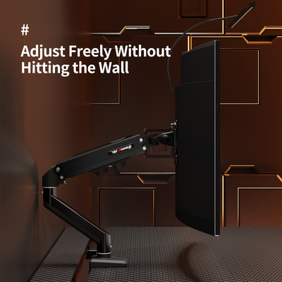 Black M1 Monitor Arm mounted on desk side, holding curved monitor with adjustable arm and cable management features.